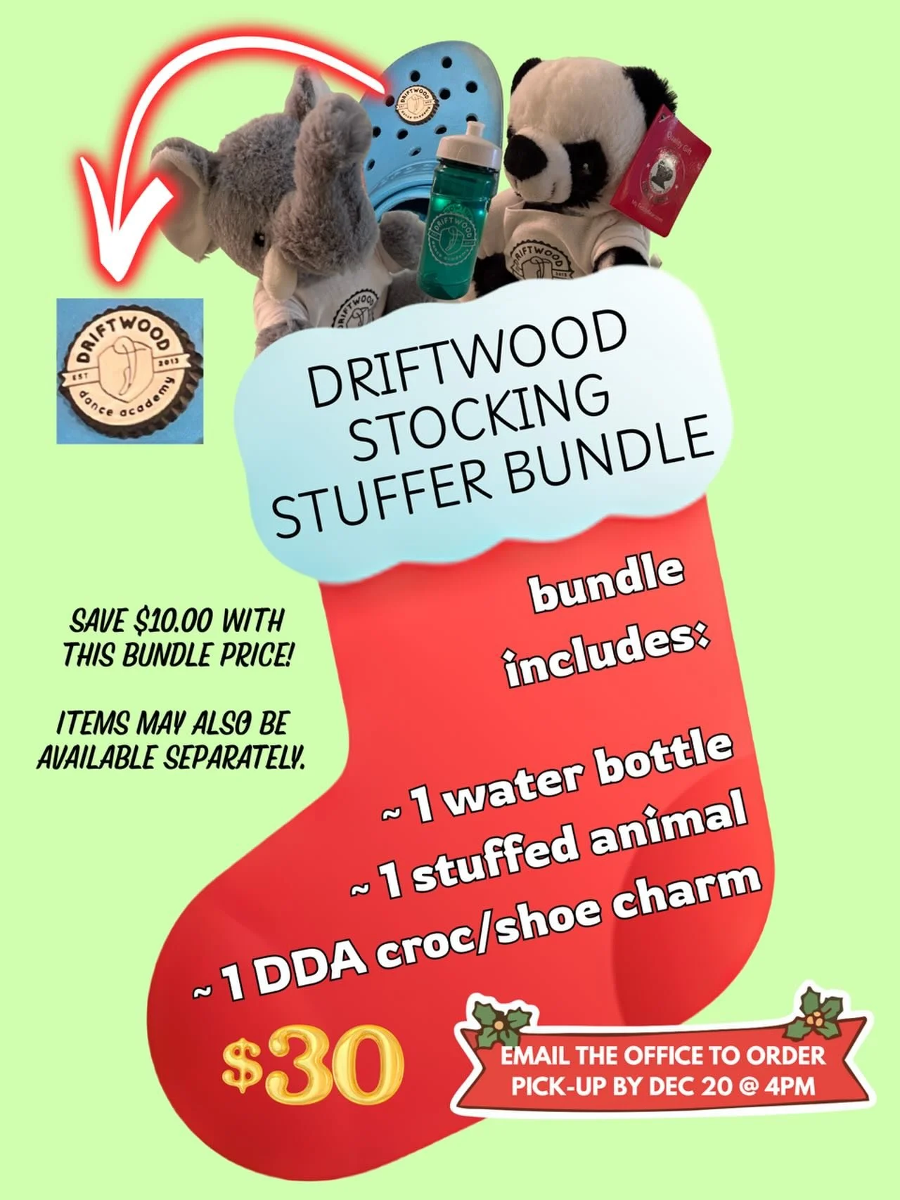 🎄Looking for a few more stocking stuffers for the dancer in your life? 

$30 Stocking Stuffer Bundle:
- 1 DDA croc/shoe charm ($5)
- 1 DDA water bottle ($20)
- 1 DDA stuffy* ($15)

*stuffy options: frog, elephant, cow, panda, tiger, dog

📧 Simply e