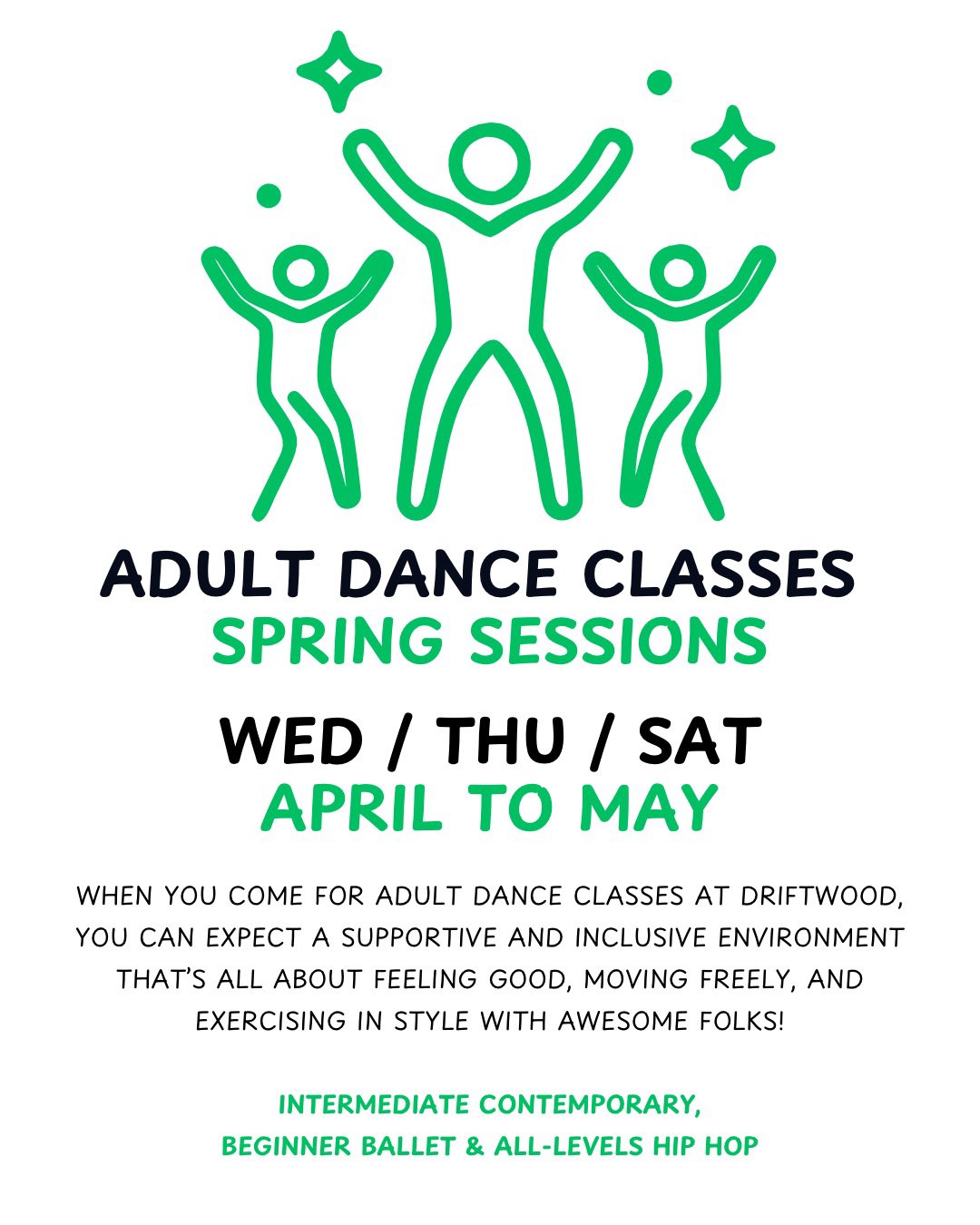 🌷SPRING SESSION: ADULT DANCE

When you come for adult dance at Driftwood, you can expect a supportive, inclusive space that&rsquo;s all about feeling good, moving freely, and getting a great workout alongside awesome humans. 

No pressure. No judgme