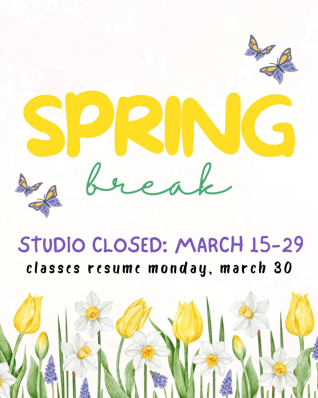 🌼 Spring Break Reminder for DDA:

✅ All Thursday, Friday and Saturday classes are running this week (on March 12th, 13th &amp; 14th).
⠀⠀⠀⠀⠀⠀⠀⠀⠀
🚫 Weekly classes are on break between March 15-29. Regular schedule resumes Monday, March 30.
⠀⠀⠀⠀⠀⠀⠀⠀⠀
