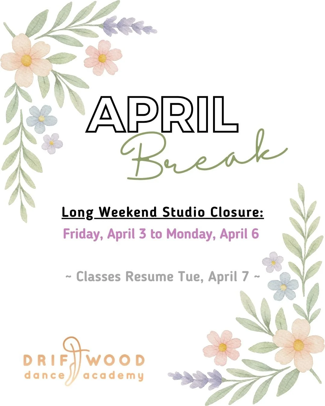 Long Weekend Closure: A little reminder that DDA will be closed from Friday, April 3rd to Monday, April 6th. 🌸

We wish everyone in our community a very Happy Easter and Passover! See you back in the studio on Tuesday, April 7th. ✨ 

#driftwooddance