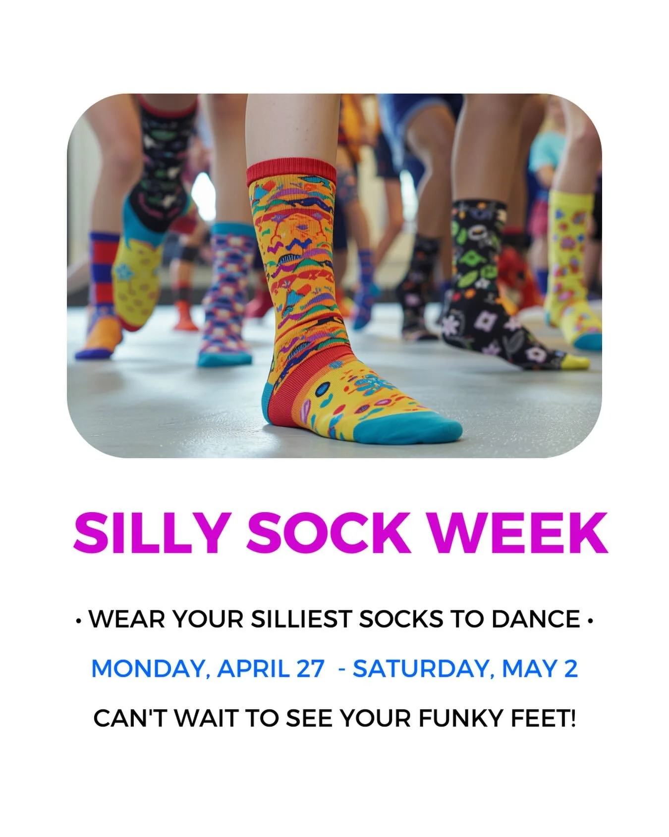 🧦 We&rsquo;re one day into Silly Sock Week at DDA and already loving the fun! [April 27 to May 2]

🌈 Dancers are invited to wear their silliest socks to class this week (with proper uniform + shoes).

⭐️ We can&rsquo;t wait to see your funky feet&m