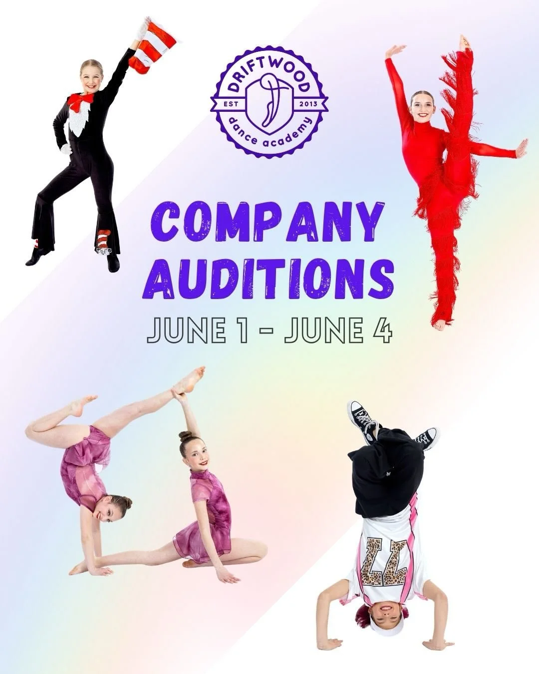 ✨Company Auditions Next Week!

We&rsquo;re looking for passionate, committed dancers who love to perform, are excited to challenge themselves artistically and be part of a positive team environment.

📅 Auditions: June 1&ndash;4, 2026
📍 Driftwood Da