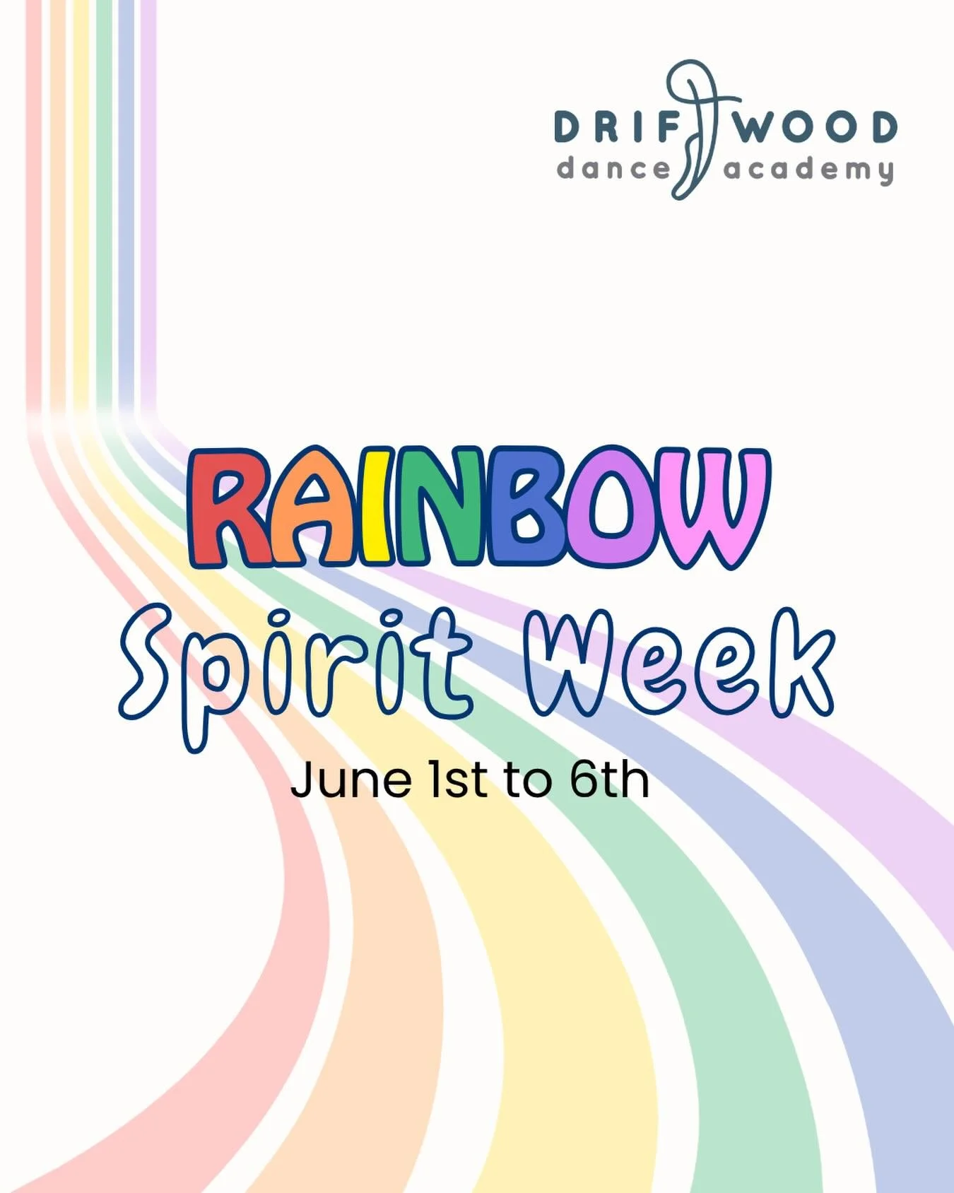 🌈 It&rsquo;s Rainbow Spirit Week: Monday, June 1st to Saturday, June 6th!

❤️ Dancers are invited to show their rainbow spirit by wearing their most colourful dance gear to classes.

🧡 Driftwood Dance Academy is dedicated to being a safe and suppor