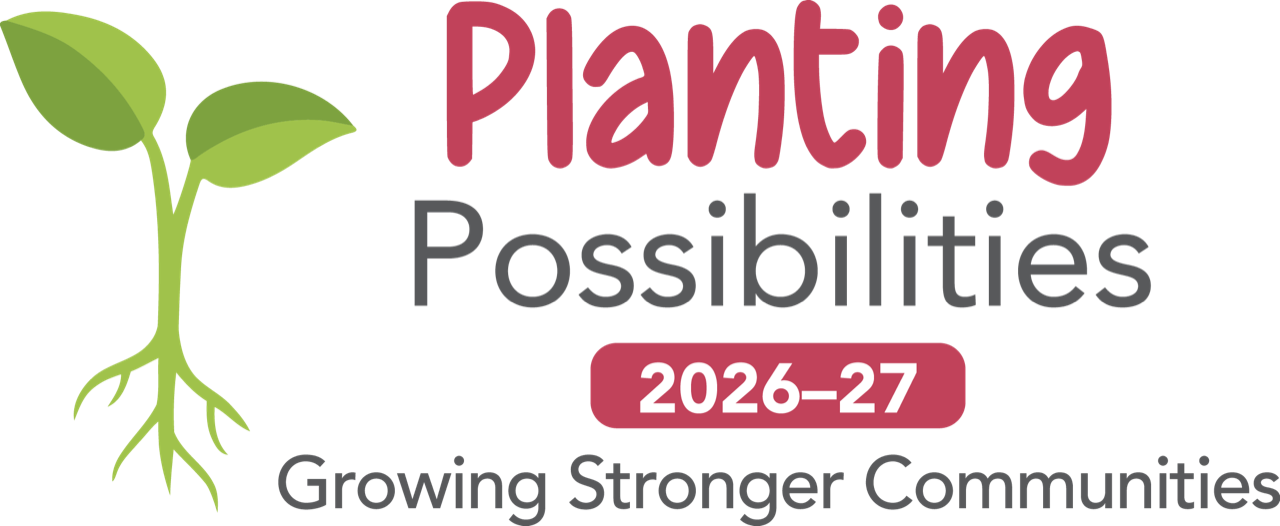2026-27 Campaign Logo - Green sprout beside "Planting Possibilities" title - 2026-27 and tagline: Growing Stronger Communities