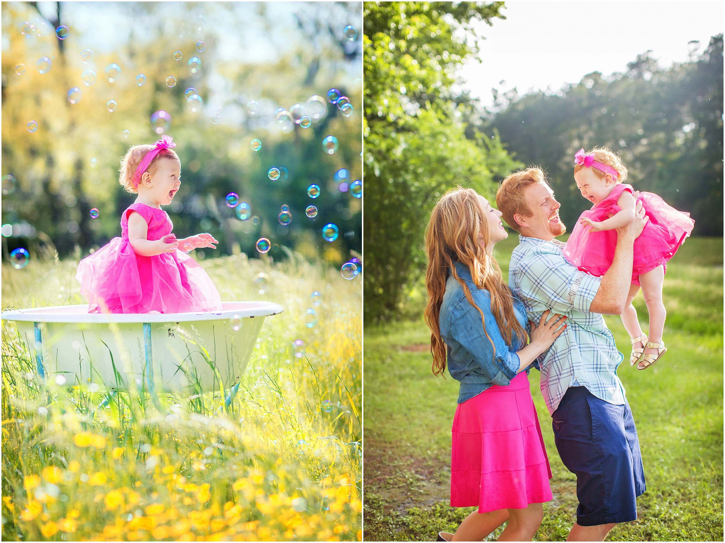  LIttle girl laughing at bubbles and outdoor lifestyle family portrait in The Woodlands, Texas. 