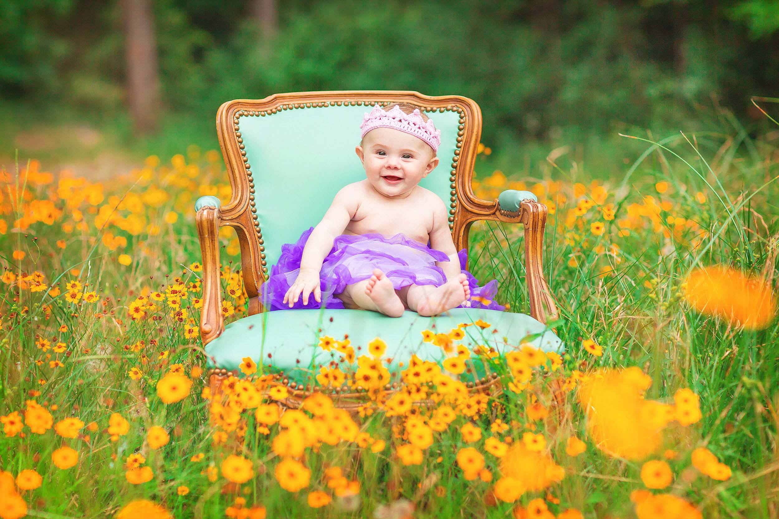 Adorable baby girl in tutu and crown in field of wildflowers in The Woodlands, Texas by spryART photography.