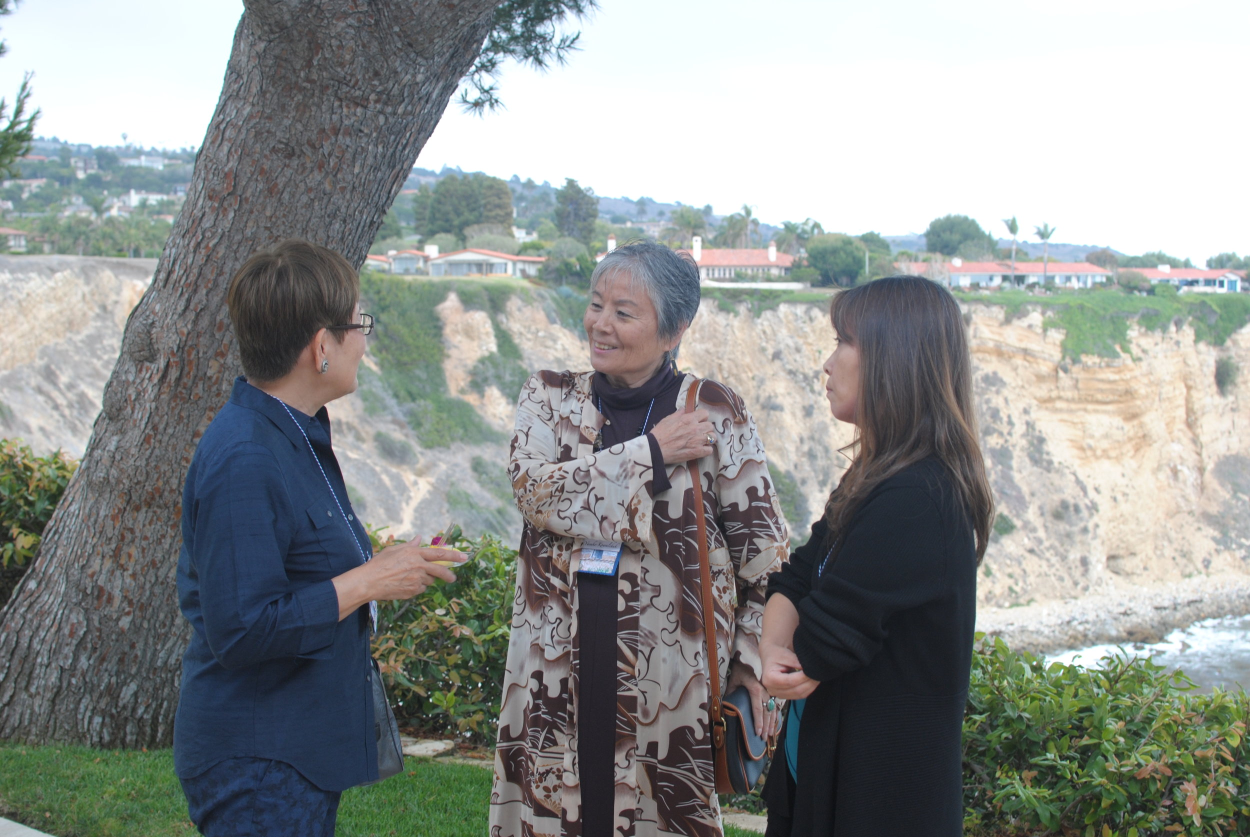 Three women gather and speak on the lawn with the cliff and water in the background. 
