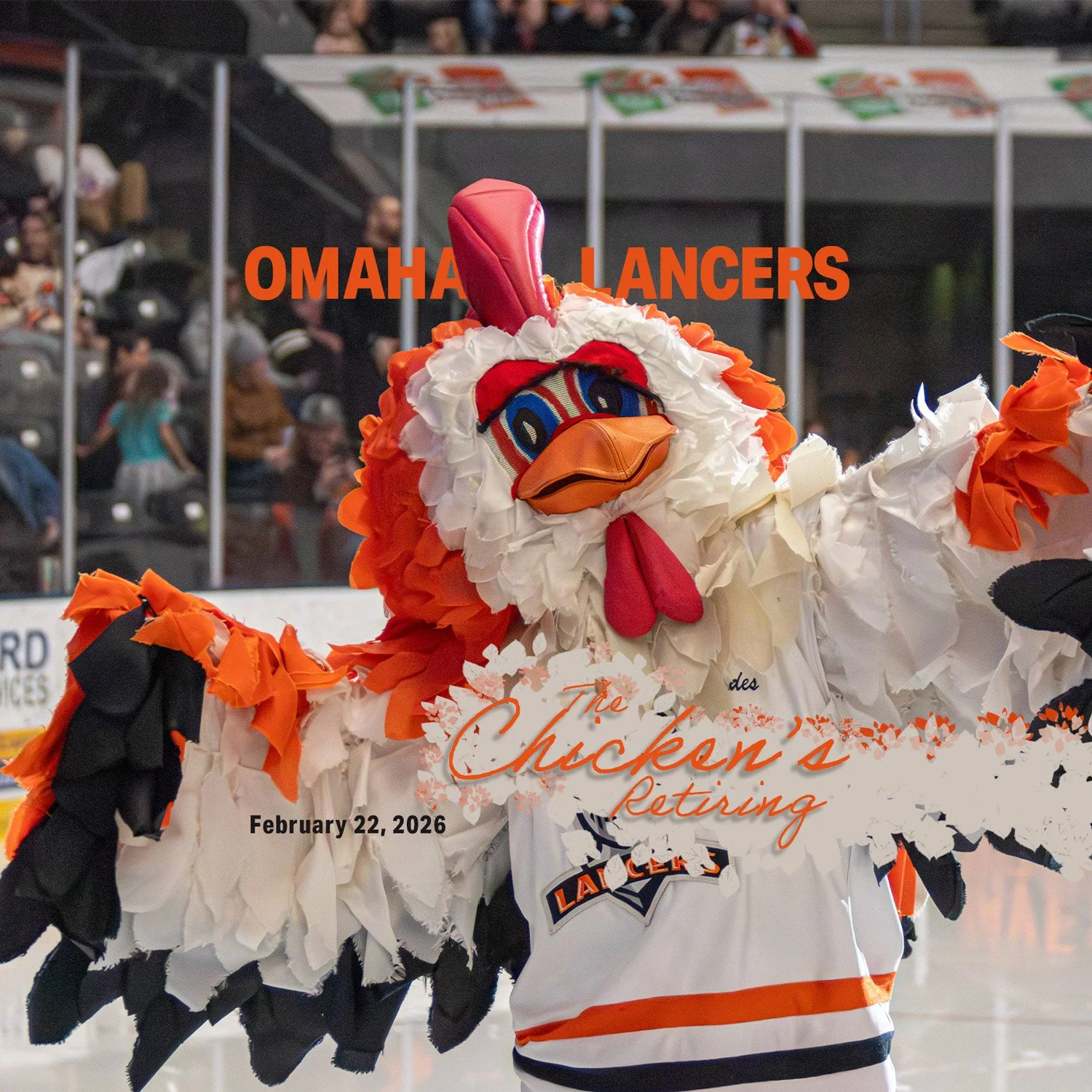 The Omaha Lancers mascot, Blades, the Booster Rooster celebrated his retirement on February 22, 2026 at the game the Lancers hosted the Waterloo Blackhawks.