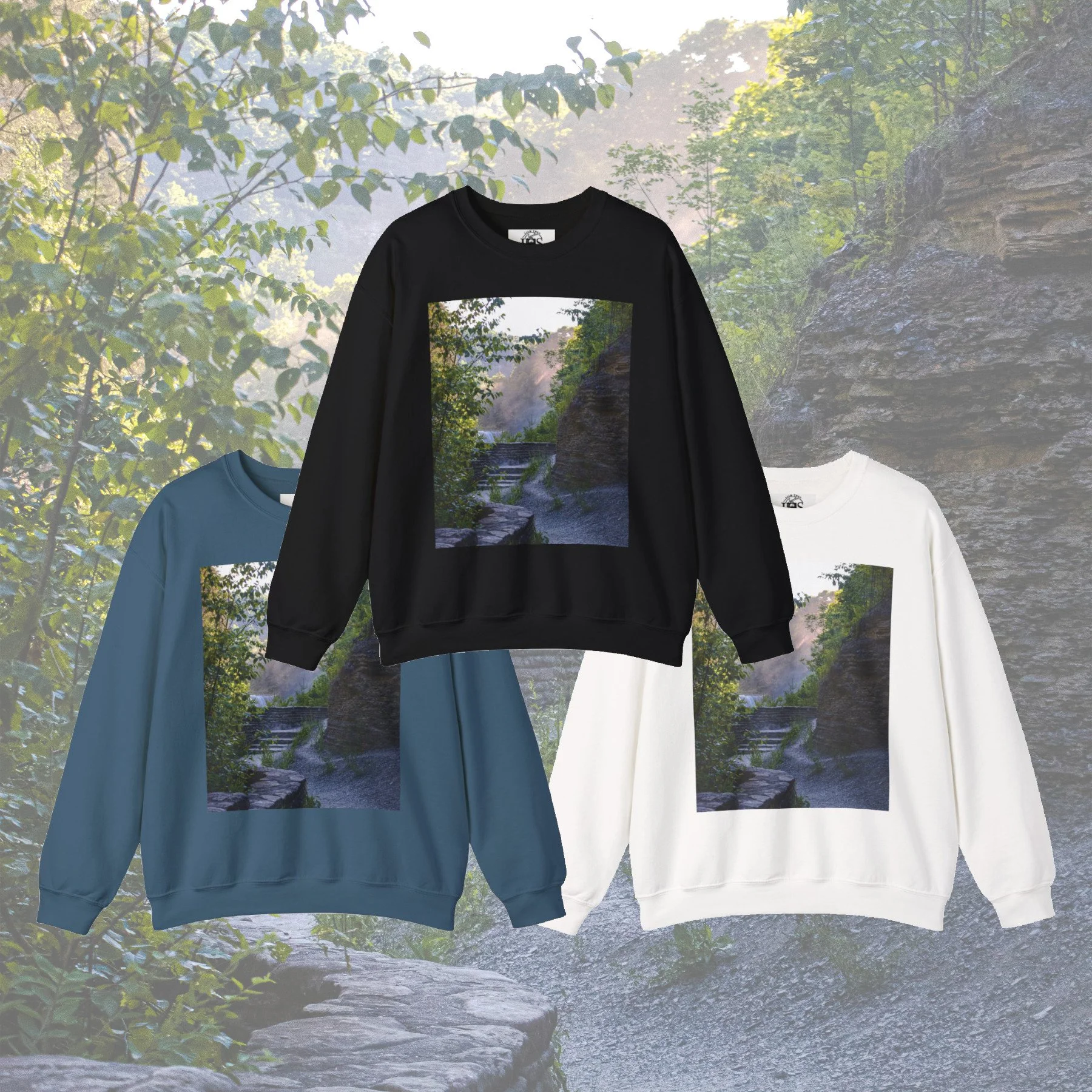 A Walk Along A Hazy Letchworth State Park Crew Neck Sweatshirt mock up image featuring the white, black, and indigo blue color options of the sweatshirt
