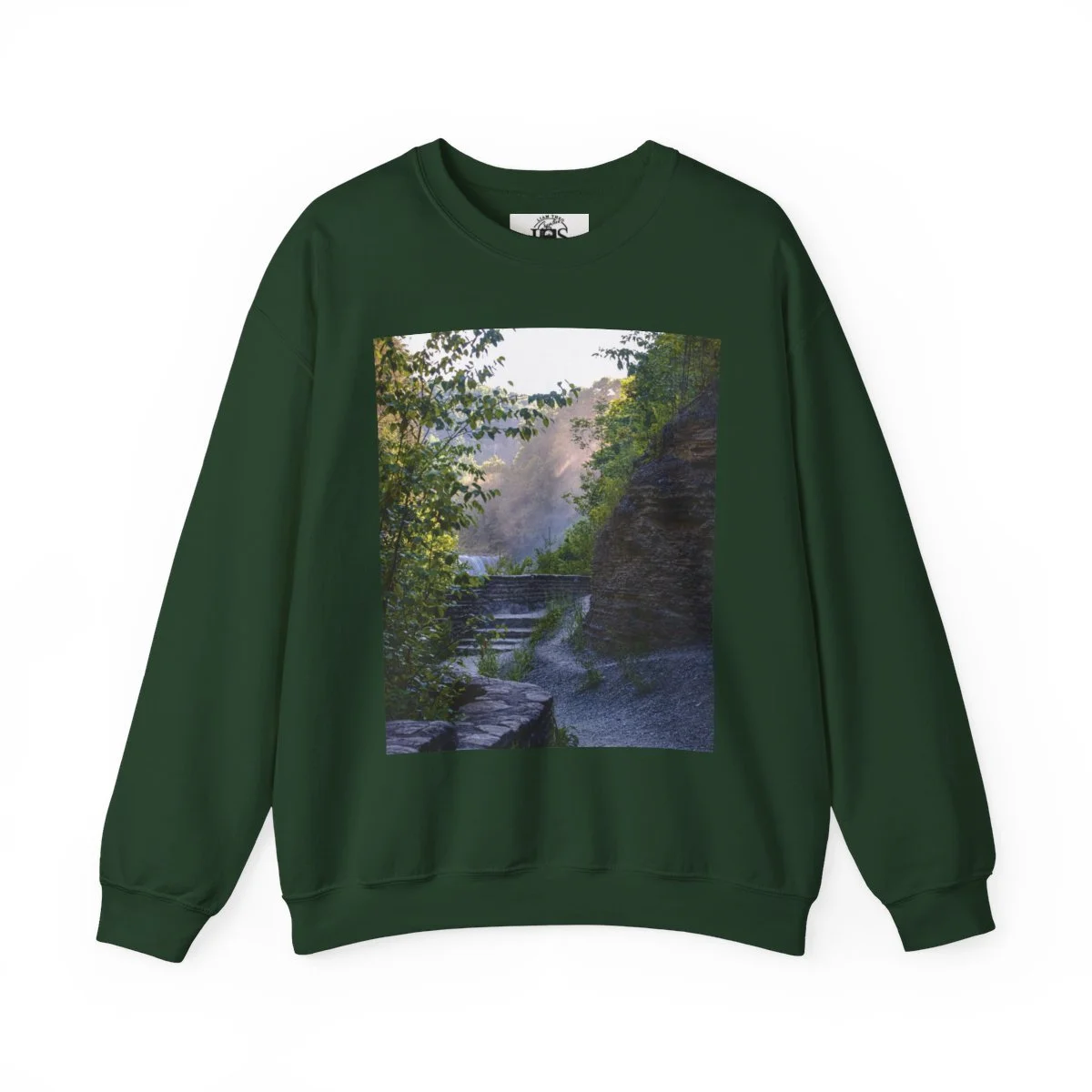 AWalkAlongAHazyLetchworthStatePark-CrewNeckSweatshirt-ForestGreen.jpg