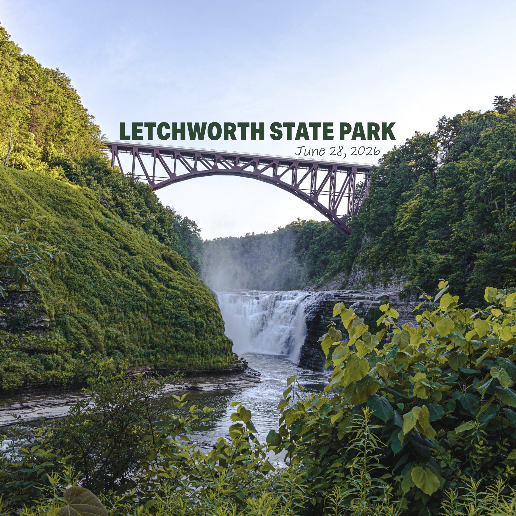 The iconic Letchworth State Park scene in Western New York. The Railroad bridge connects the two mountains just above the Upper Falls in the State Park.