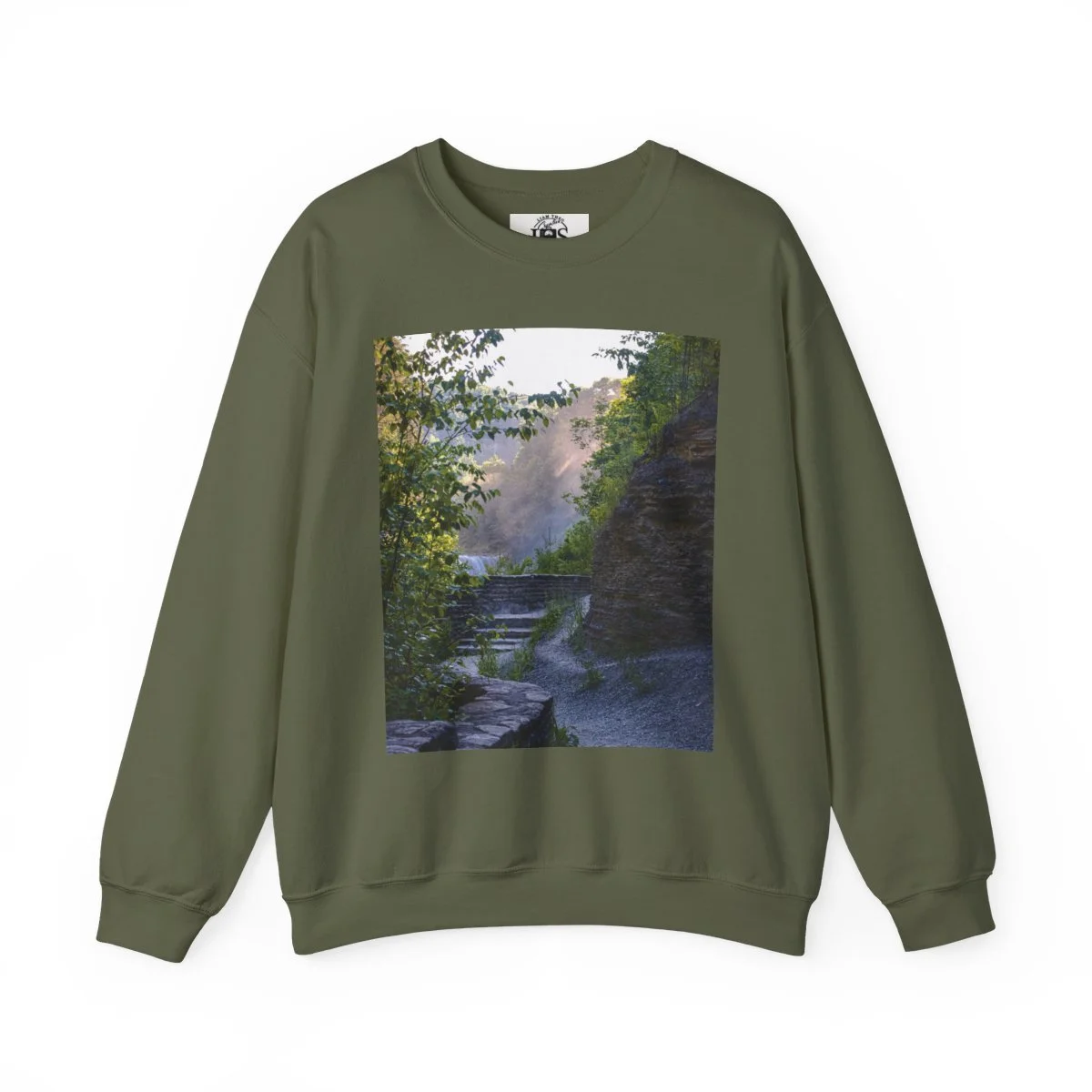 AWalkAlongAHazyLetchworthStatePark-CrewNeckSweatshirt-MilitaryGreen.jpg