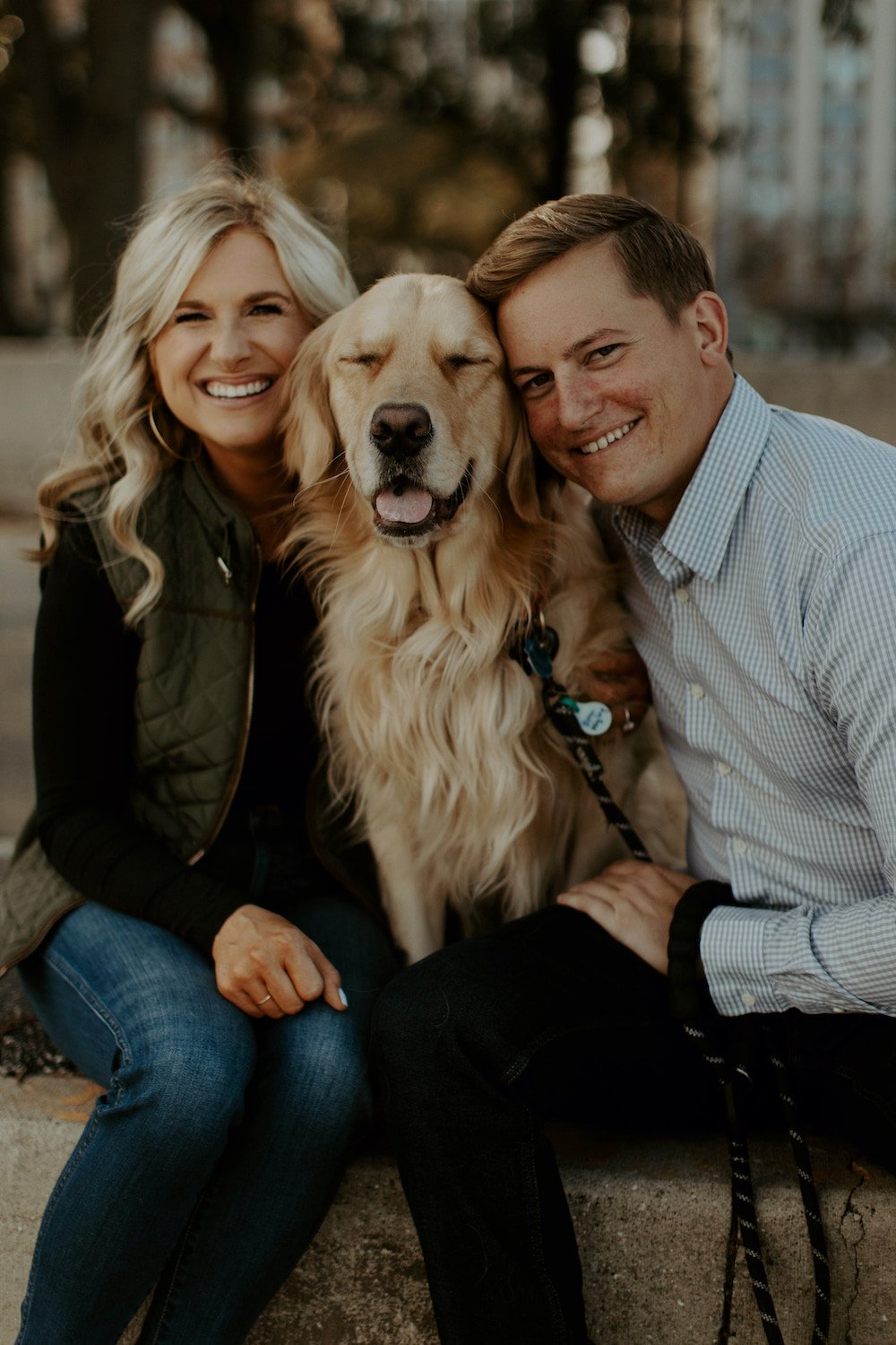 Winter engagement photo session with a golden retriever. 