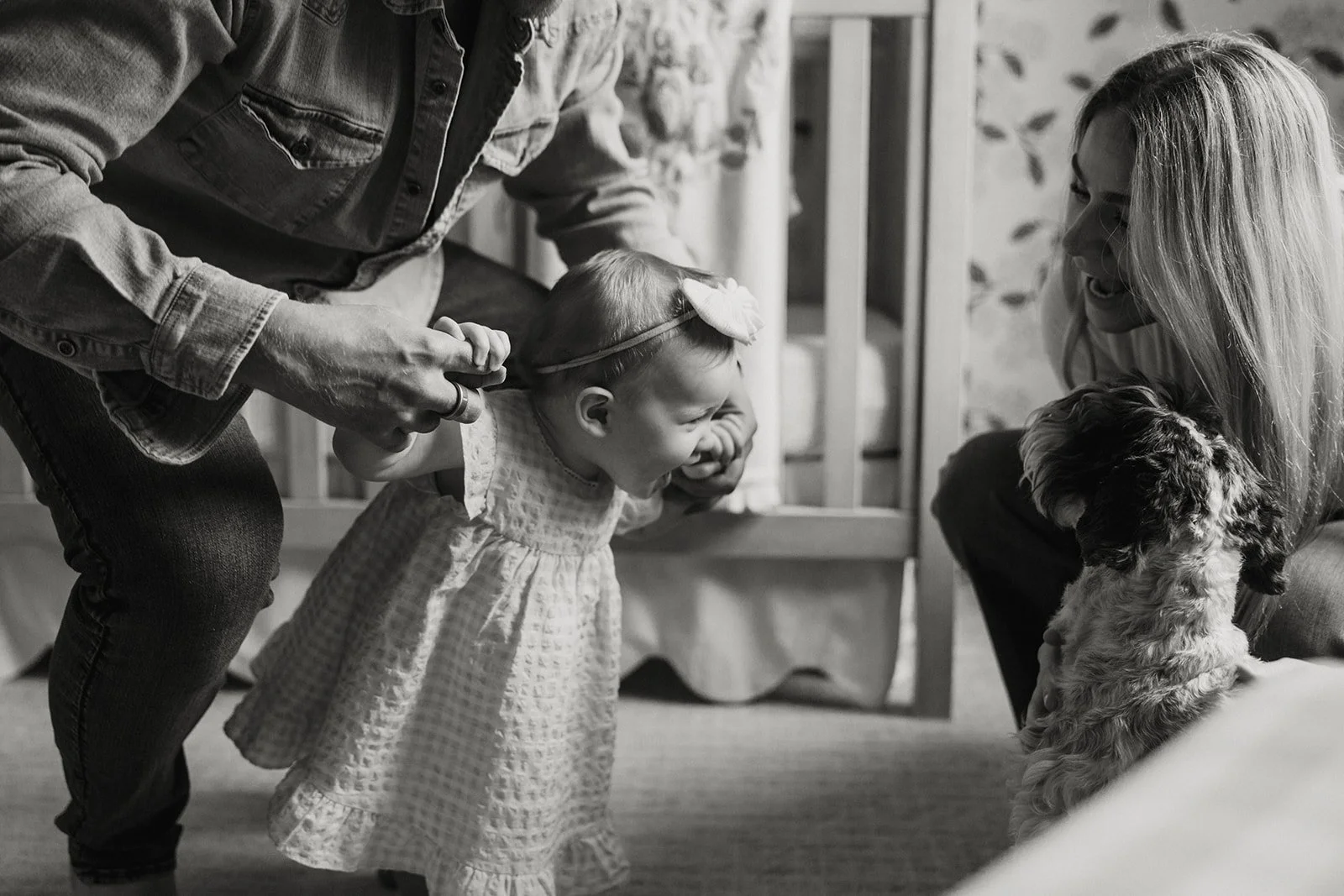 A baby girl in a gingham dress laughs as she leans toward the family pet during an in home family photoshoot in Chicago.