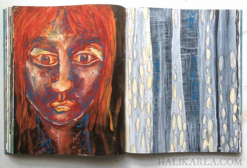 visual journal art in altered book by Hali Karla