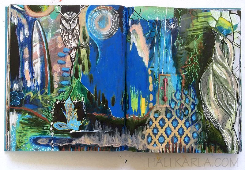 altered book art journal spread, mixed media, by Hali Karla
