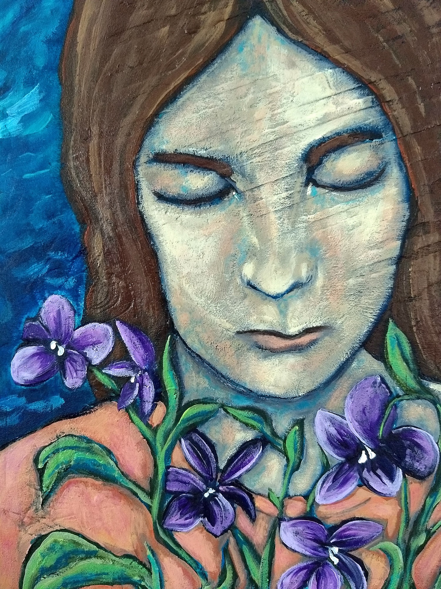 mixed-media portrait detail on panel by Hali karla