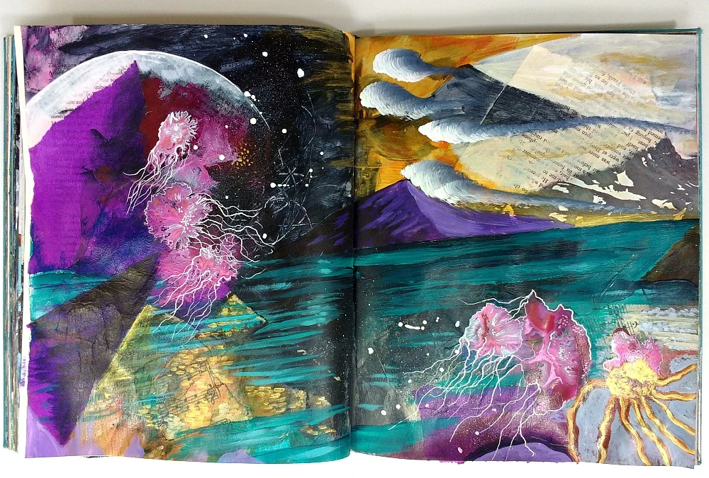 mixed-media altered book art journal spread, Hali Karla
