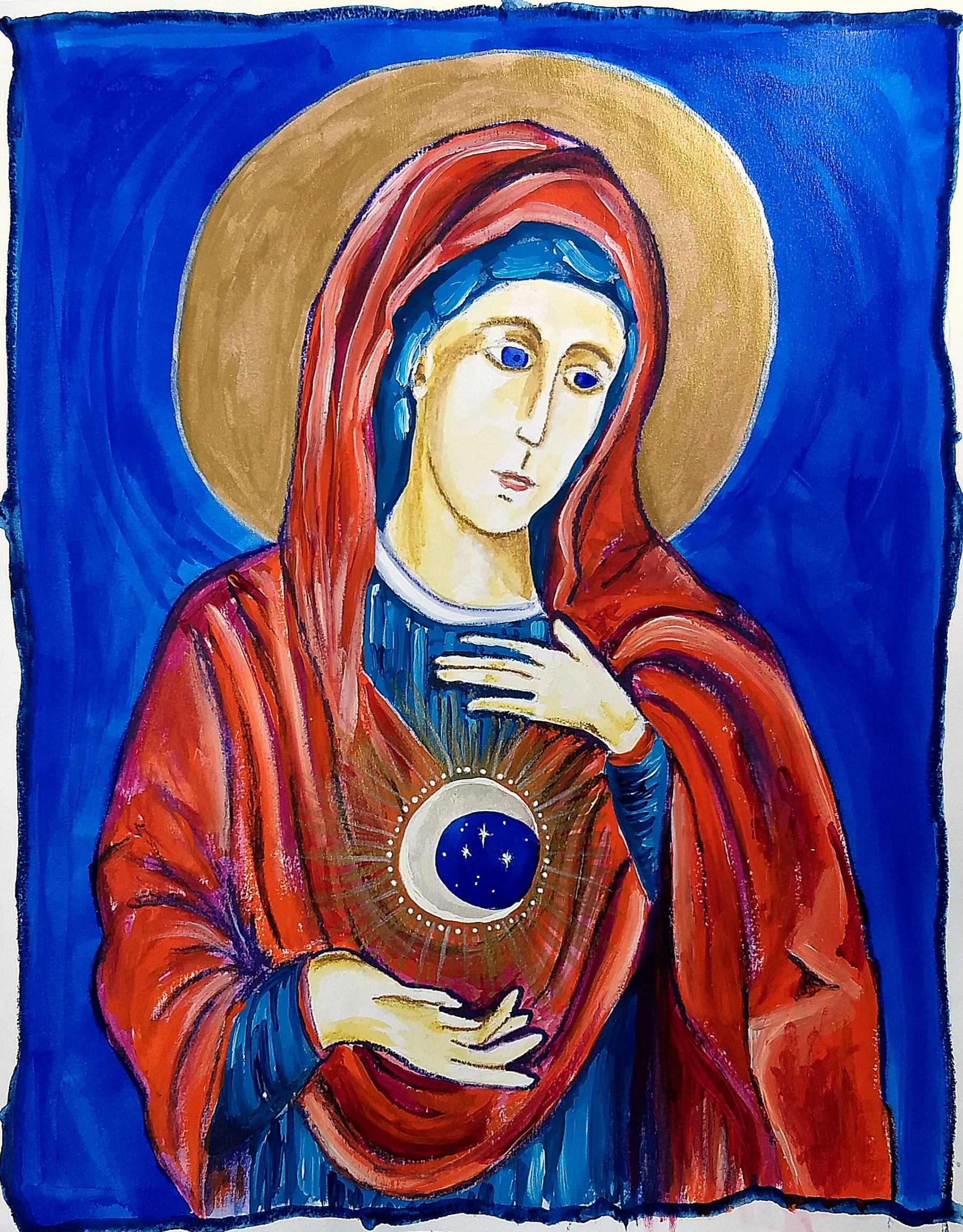 Cosmic Mother of God, mixed-media painted contemplation, by Hali Karla