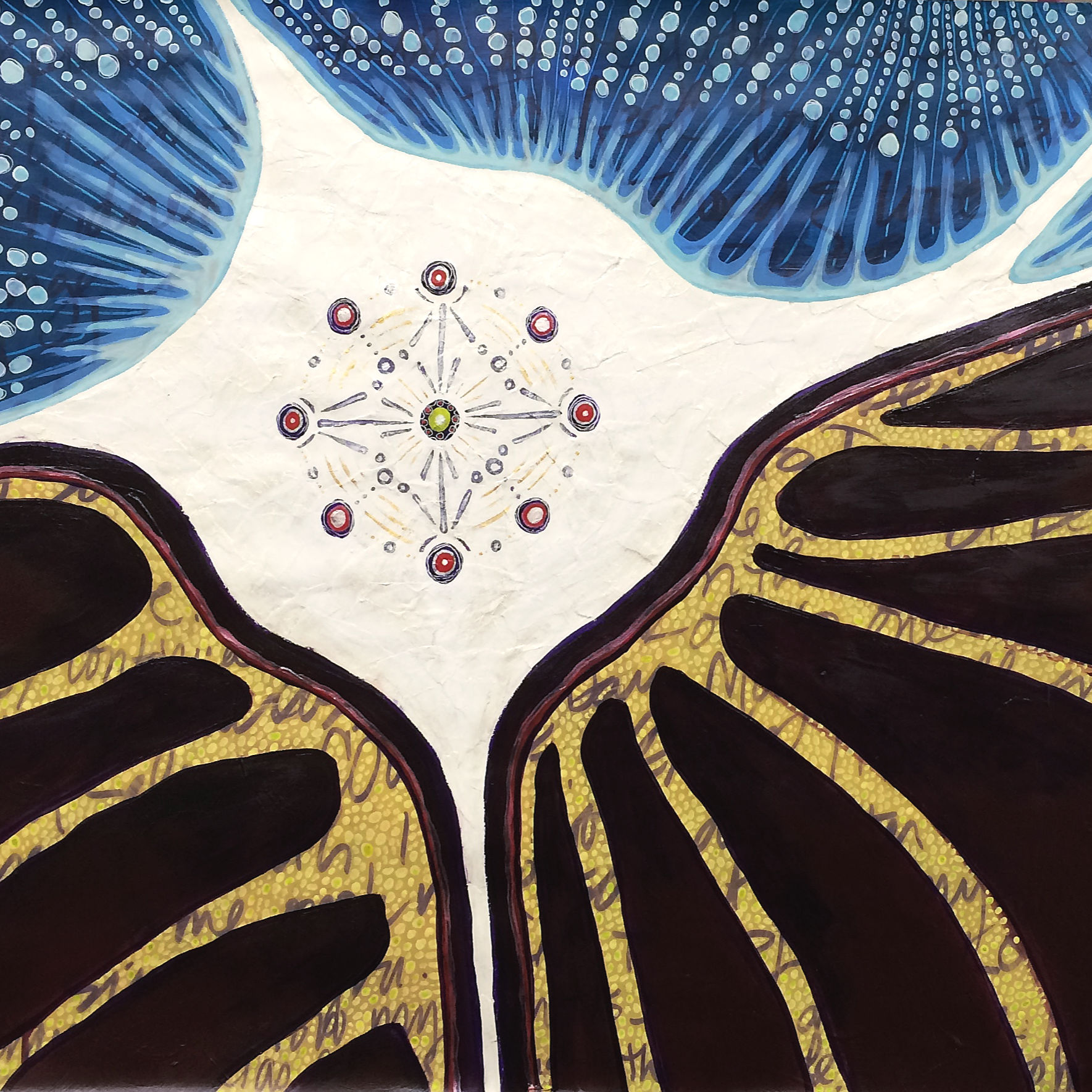 a detail of an intuitive mixed-media prayer painting i made in a previous version of RELATE (by Hali Karla)