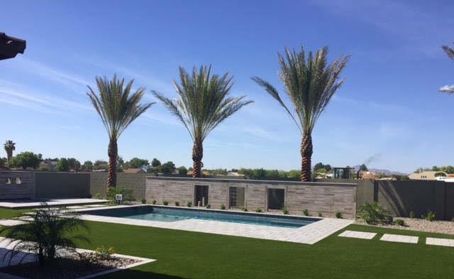  Artificial grass installation surrounding pool with palm trees. 