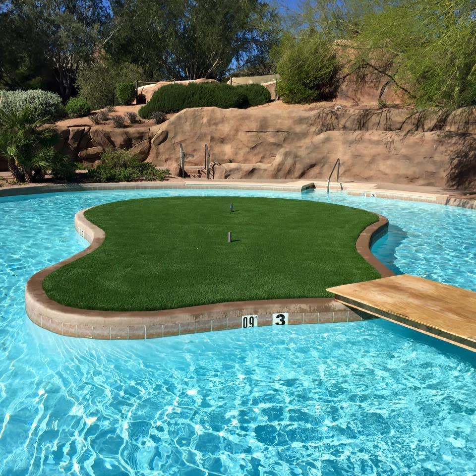  Artificial grass installation on pool island  