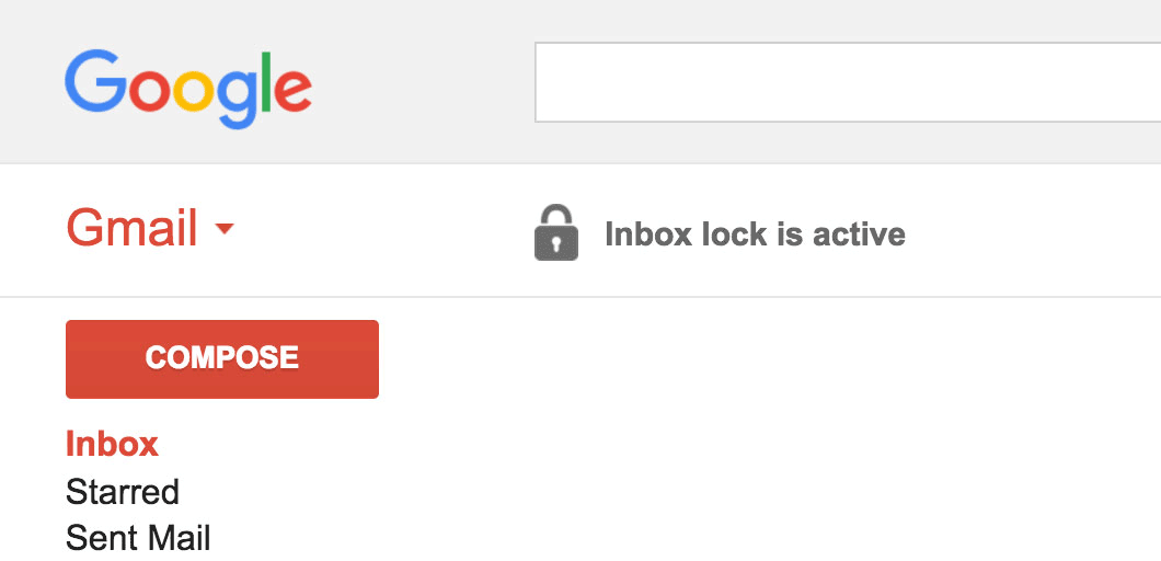 A screenshot of a Gmail account with the Inbox locked and no emails visible.