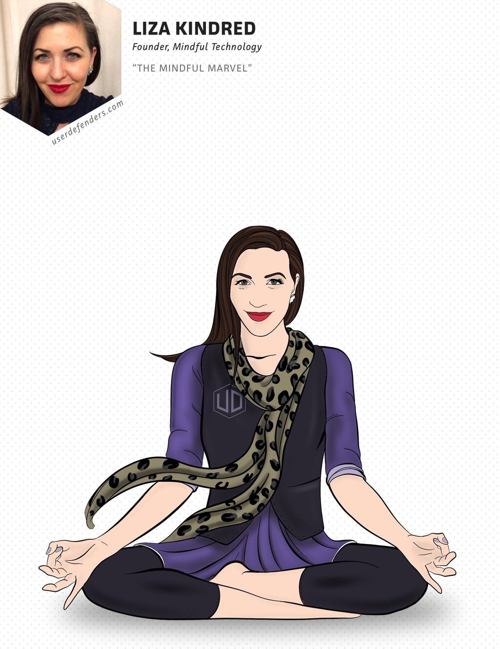 A cartoon illustration of Mindful Technology’s founder, Liza Kindred, sitting in a cross-legged meditation pose.