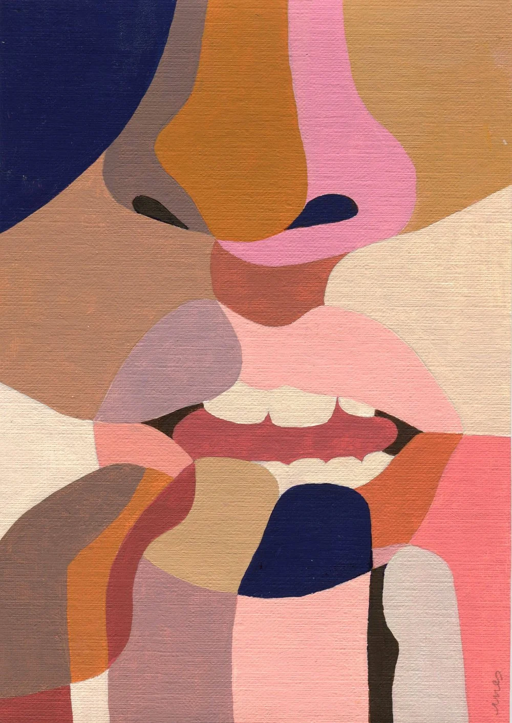 A painting of an up close person’s face who is biting their nails.