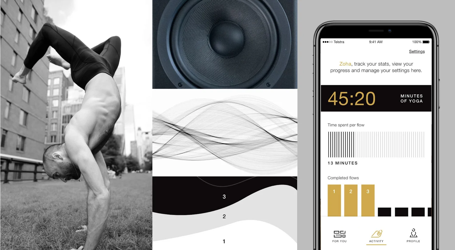 A split screen photo of a man doing yoga in a city courtyard, a photo of speakers, and a smartphone with the NADI X app on the screen.