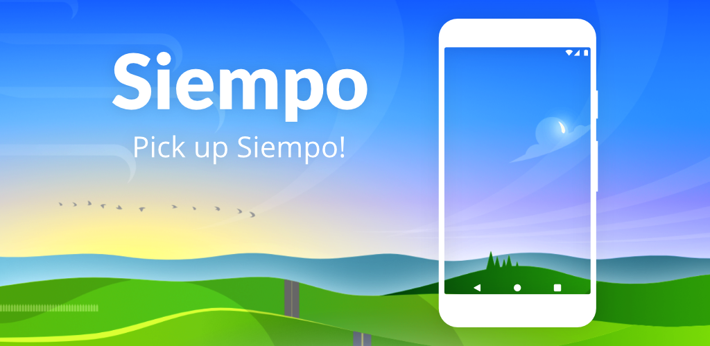 An image of a nature landscape with a smartphone acting as a window covering it. The words, “Siempo. Pick up Siempo!” are also visible.
