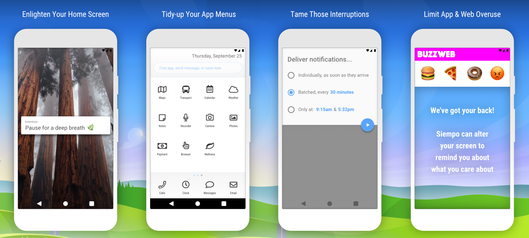 A photo of four different smartphone screens all with the Siempo app open on them.