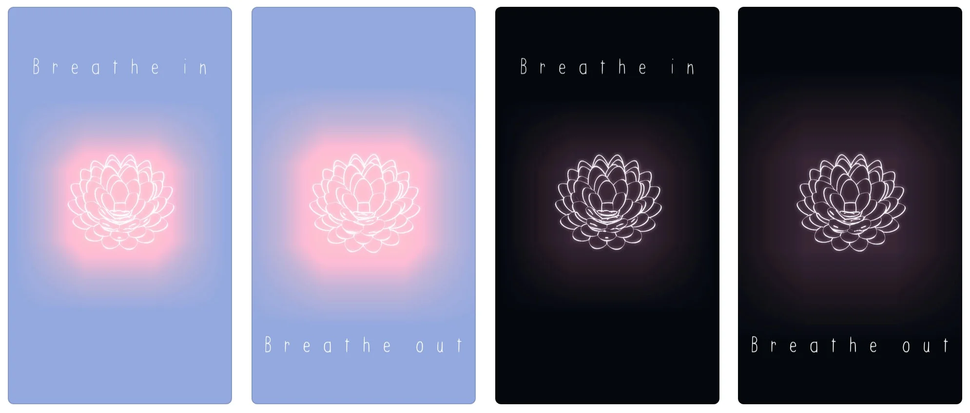 Four screen shots of TRU LUV’s app. The screens say “Breathe in. Breath out,” and show a glowing lotus flower.