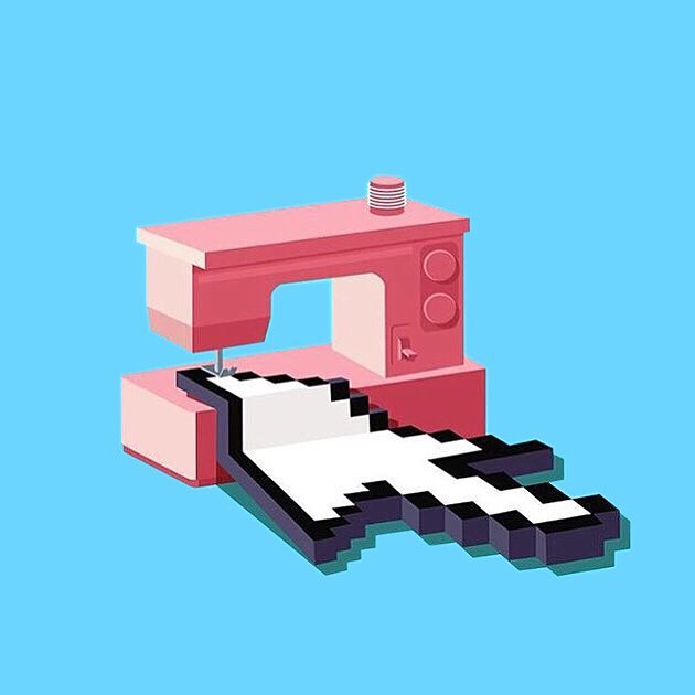 An illustration of a computer cursor arrow symbol going through a sewing machine.