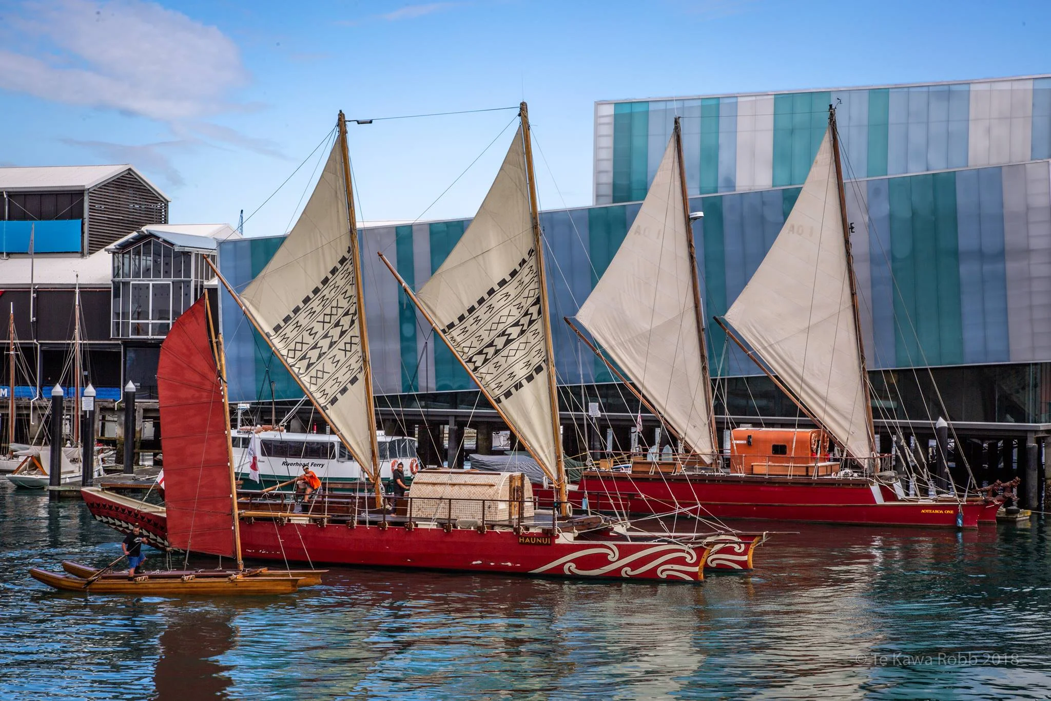 Pūmaiterangi, Haunui, and Aotearoa One, outside the New Zealand Maritime Museum in Tāmaki Makaurau (Auckland).