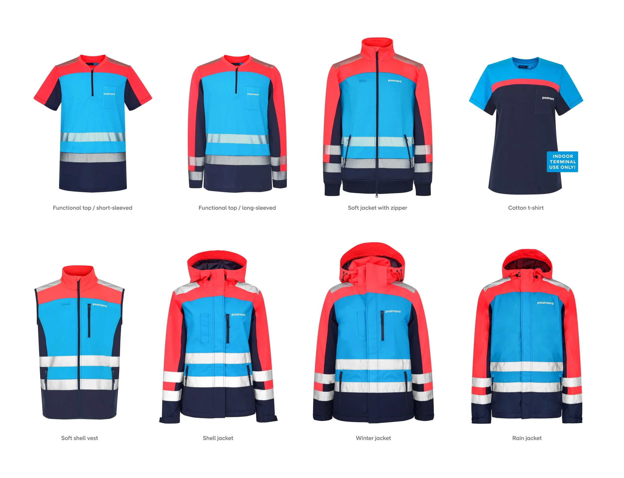 PostNord uniform tops: functional tops, soft jacket, cotton t-shirt, softshell vest, shell jacket, winter jacket and rain jacket in blue, red and navy with reflective details