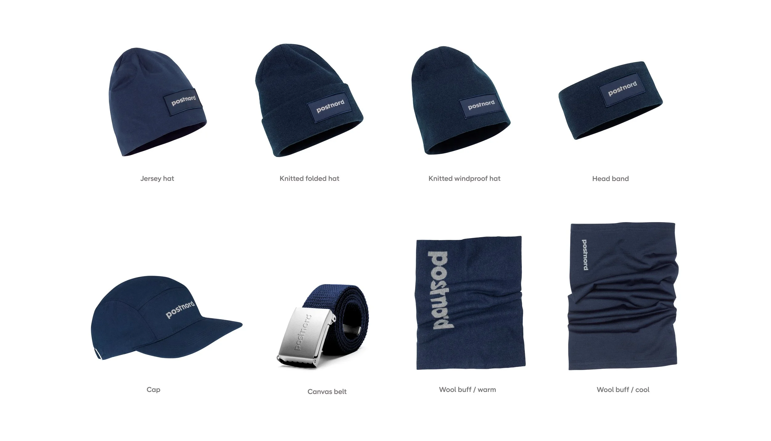 PostNord uniform accessories: hats, cap, head band, canvas belt and wool buffs in navy