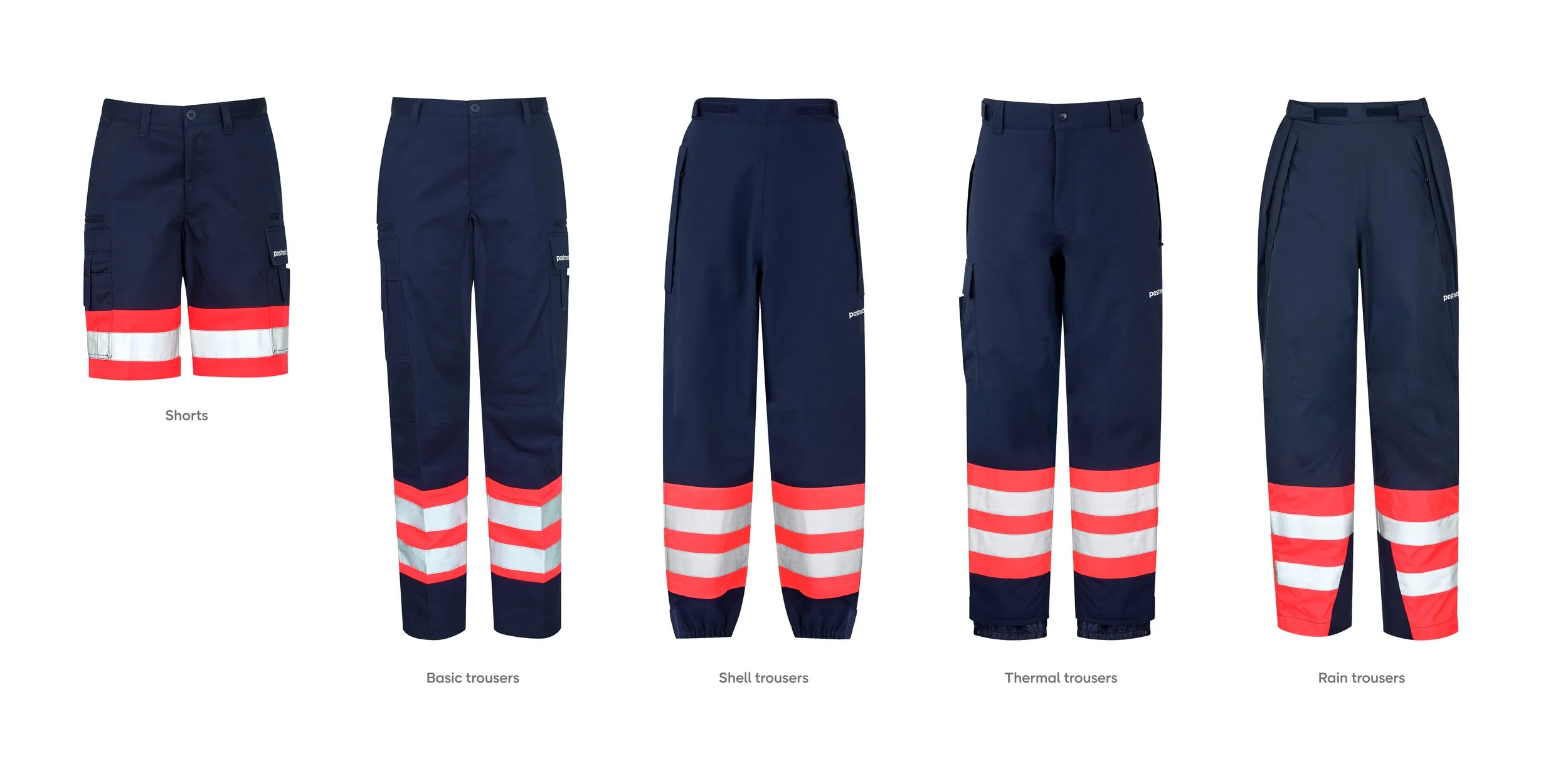 PostNord uniform trousers: shorts, basic trousers, shell trousers, thermal trousers and rain trousers in navy with reflective details