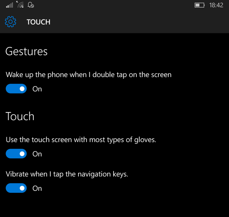 Gestures and touch settings copy—Microsoft Lumia phones