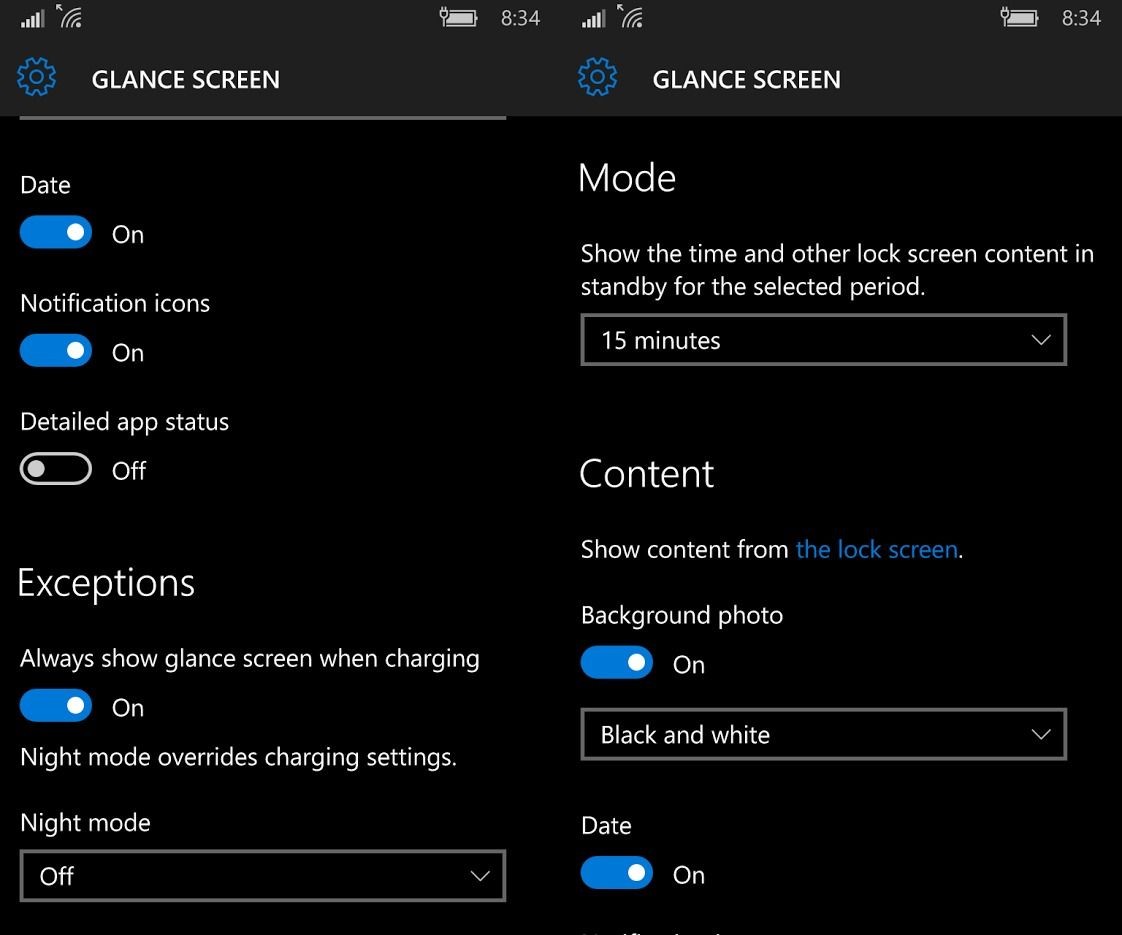Glance screen settings copy—Microsoft Lumia phones