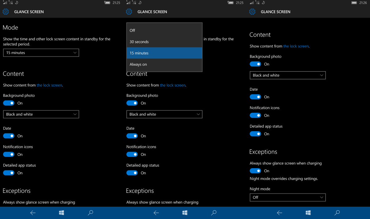 Glance screen settings copy—Microsoft Lumia phones