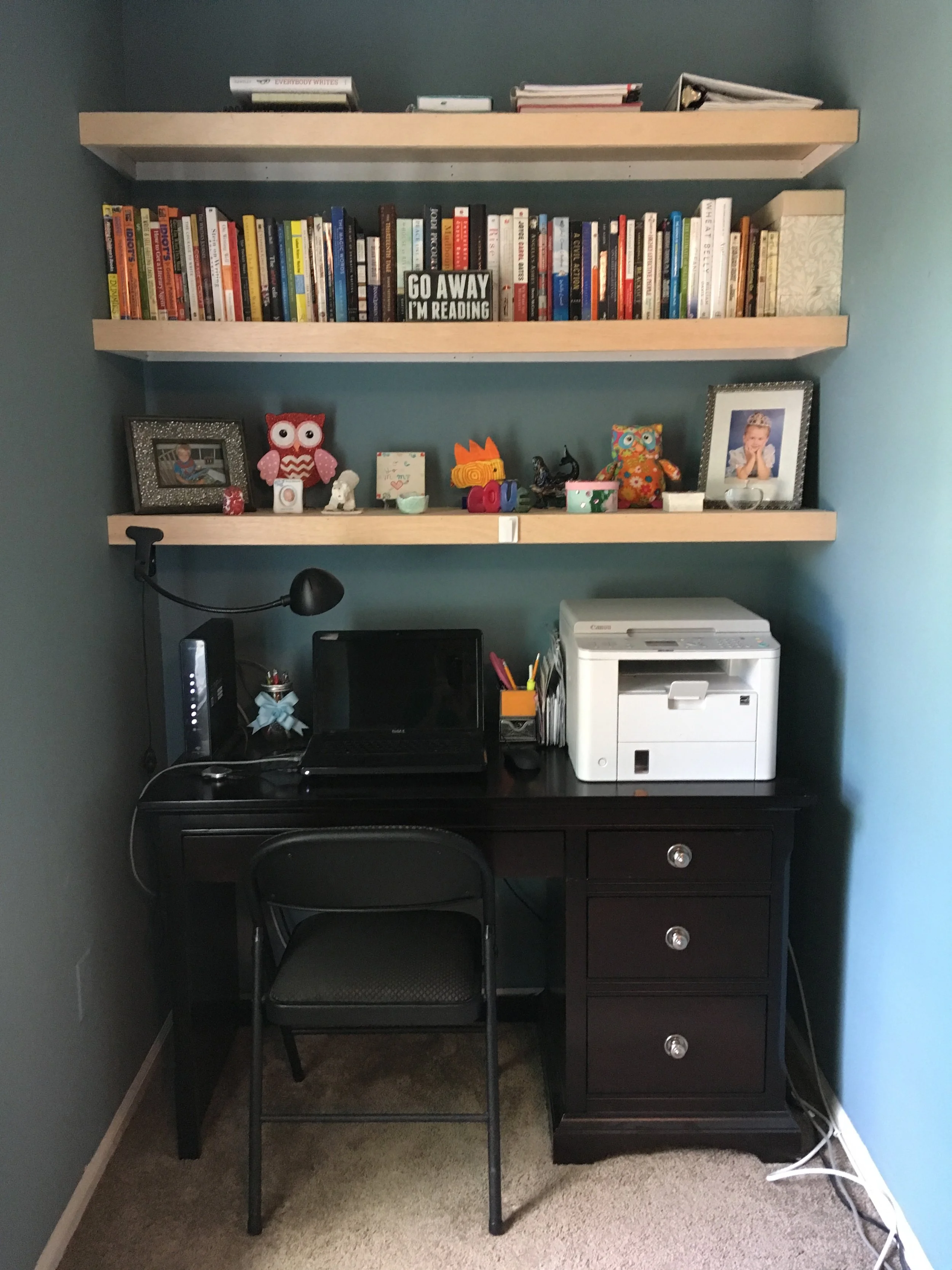 My home office, custom built by the world’s best contractor (thank you, Samir!). It’s not fancy, but I love it, and I think that Virginia Woolf would approve.