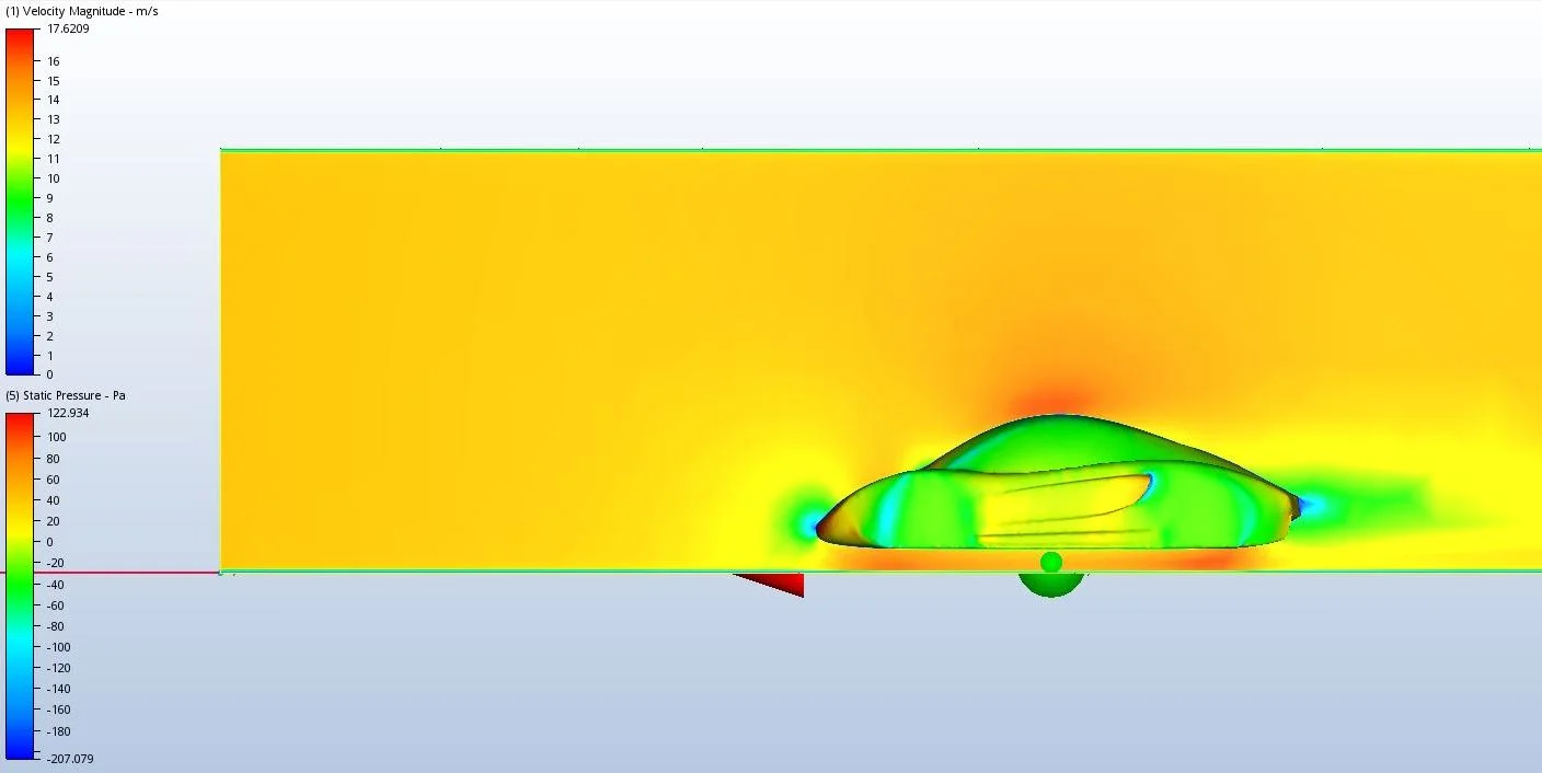  Coefficient of drag: 0.22  Frontal area: 1m^2  From the reference model in Blender, I made small adjustments to increase the overall aerodynamic efficiency as much as possible without ruining the car’s aesthetic appeal. 