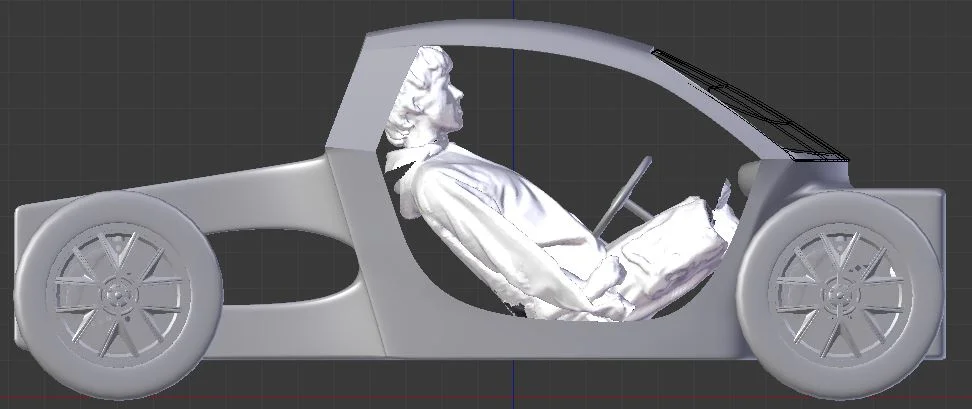  To ensure any team member could drive EV1, I scanned our tallest member, my 6’5” twin brother Robert Mauge. He was scanned using an Xbox Kinect sensor and I placed his 3D scanned model in the chassis model. 