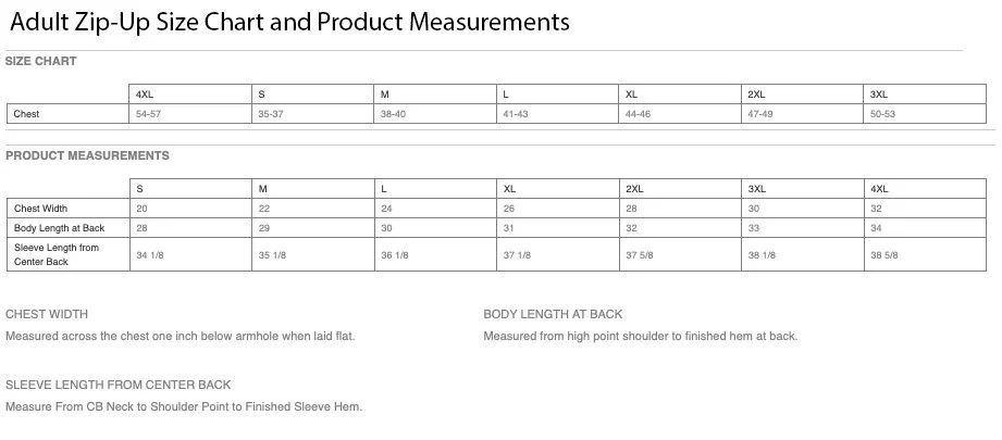 Adult Zip Up Size Chart