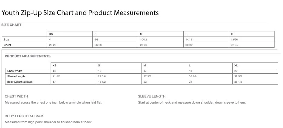 Youth Zip Up Size Chart