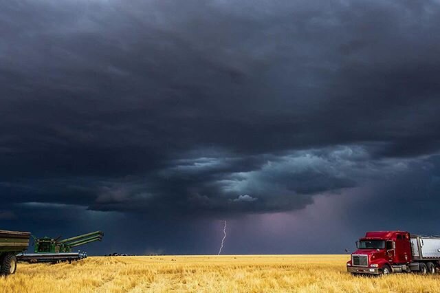 Some evenings, harvest is electric! I took this photo Monday evening on the High Plains of southeastern Colorado. Our family&rsquo;s business spend summers traveling the Great Plains, harvesting golden wheat. We start in Texas and end just shy of the