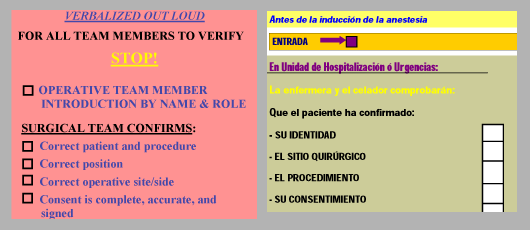 Figure 2: These samples, taken from two actual surgical checklists, shows how poor color choice makes text difficult to read.