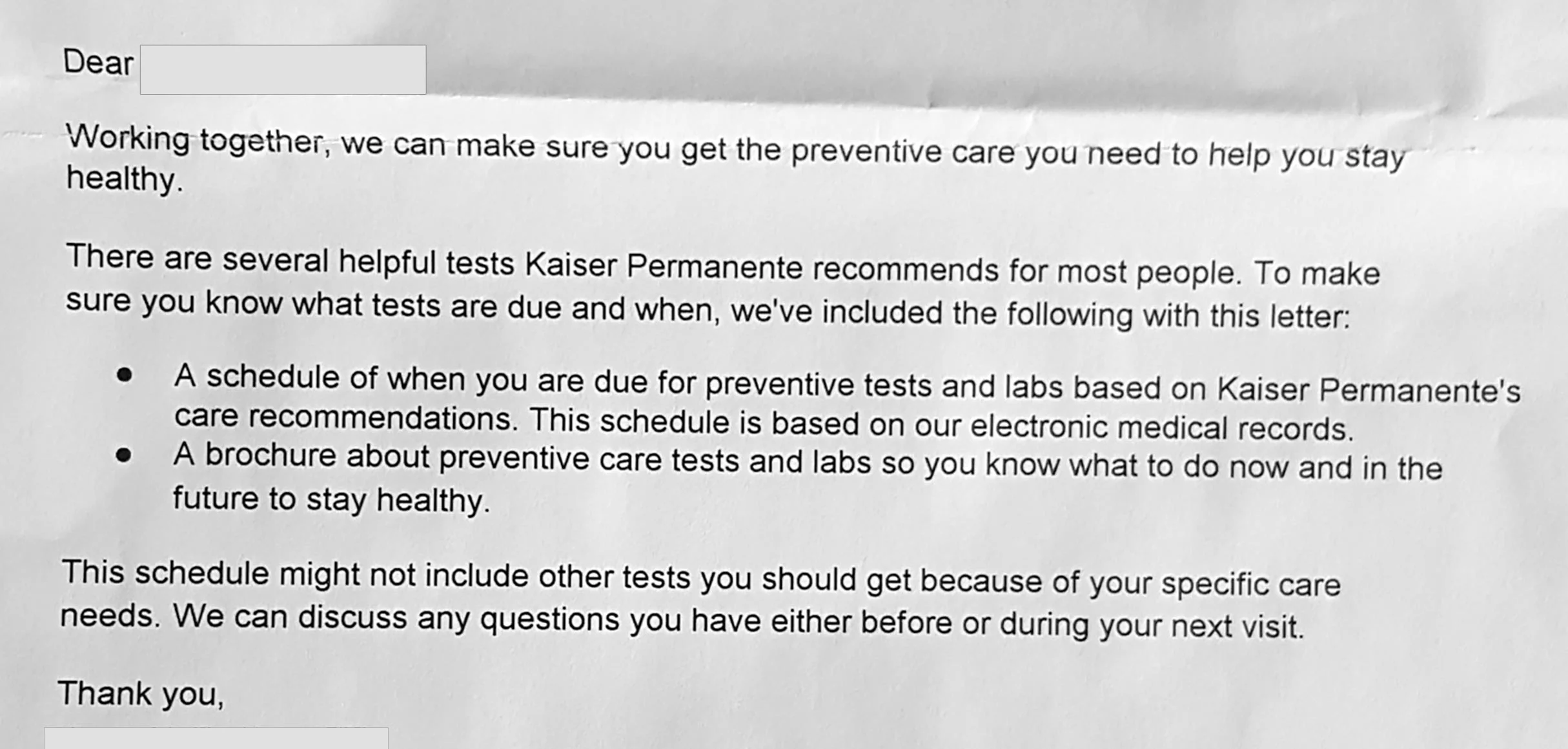 Screening and outreach letter is not very helpful.