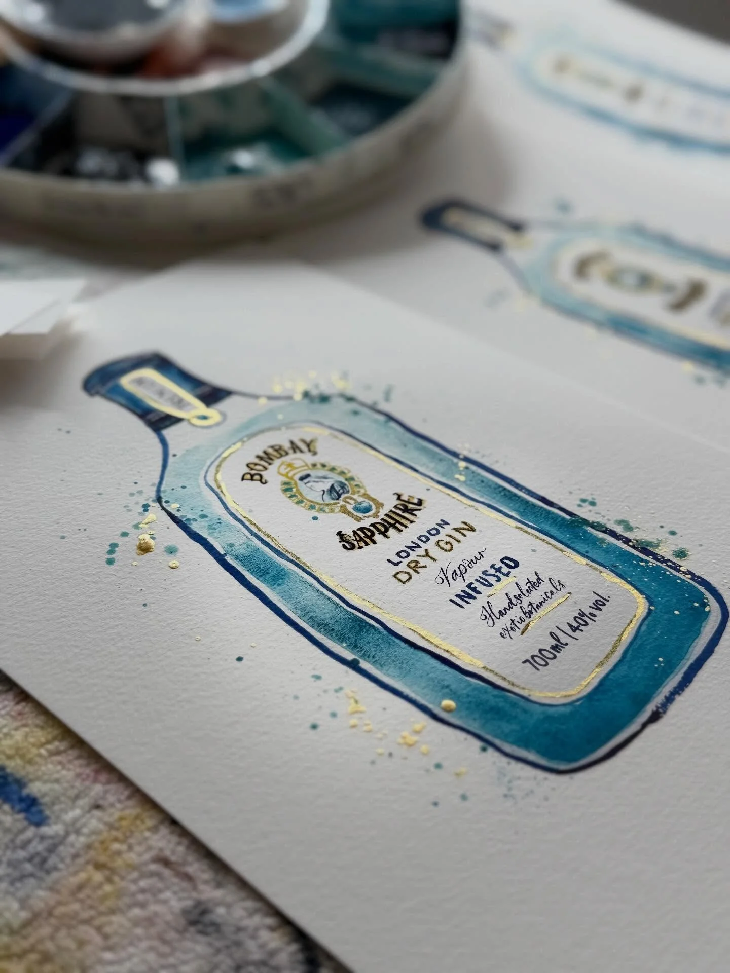Surrounded by bottles of gin this morning 👀

.
.
.
#watercolourillustration #bombaysapphire 
#watercolorabstract #watercolourart #folksyseller